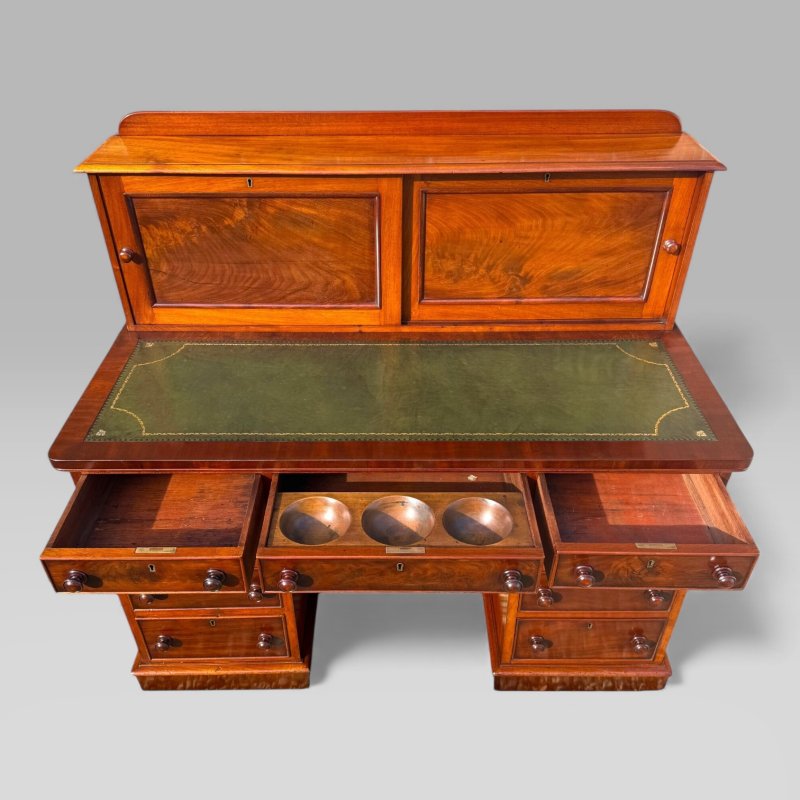 Antique Victorian Mahogany Pedestal Desk – 9 Drawers, Tooled Leather & Cupboard - Image 13